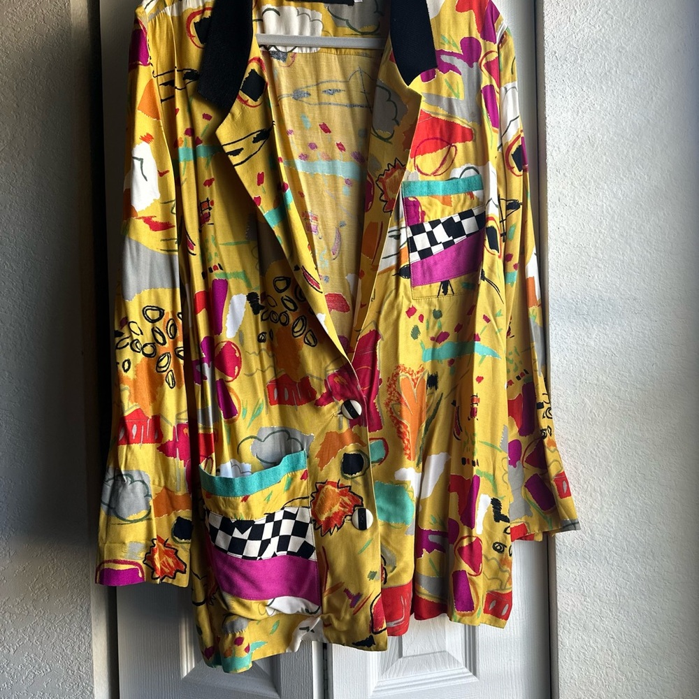 Yellow and Pink Abstract Blazer with Geometric Patterns